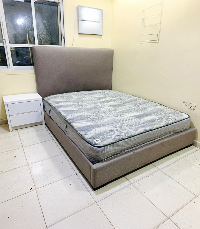 24 Modern Upholstered Queen Size Bed with Mattress & 1 Side Table (Grey) | Used Bed & Pre-Owned Bedroom Furniture - Image 1