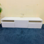 Modern Low-Profile White IKEA TV Stand & Media Console with Open Shelves and Central Drop-Down Door | Used TV Table & Pre-Owned Furniture