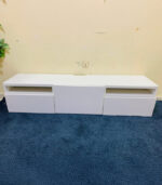 Modern Low-Profile White IKEA TV Stand & Media Console with Open Shelves and Central Drop-Down Door | Used TV Table & Pre-Owned Furniture