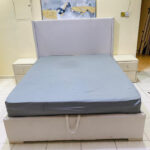 Modern Upholstered Queen Size Bed with Storage, Mattress & 2 Side Tables (Beige) | Used Bed & Pre-Owned Bedroom Furniture