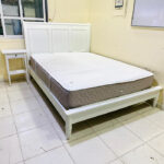 Used Queen Size Bed with Mattress & 1 Side Table – Modern White Bed Frame
