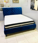 Pre-Owned King Size Blue Velvet Upholstered Bed with Mattress — Used Master Bedroom Furniture - Image 2