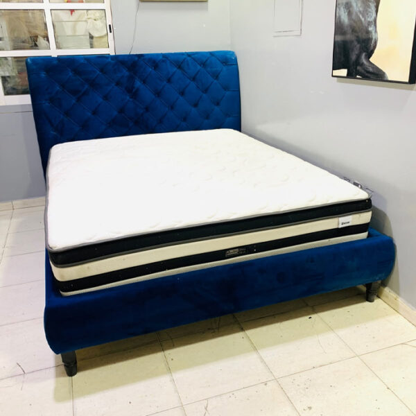 Pre-Owned King Size Blue Velvet Upholstered Bed with Mattress - view 2
