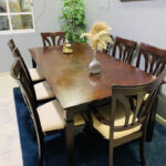 Dark Wood Dining Table Set with 8 Upholstered Chairs | Used Dining Table & Pre-Owned Dining Room Furniture