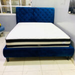 Pre-Owned King Size Blue Velvet Upholstered Bed with Mattress — Used Master Bedroom Furniture