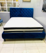 Pre-Owned King Size Blue Velvet Upholstered Bed with Mattress — Used Master Bedroom Furniture