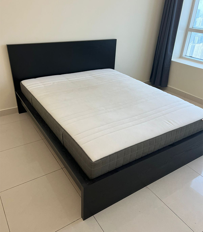 36 Modern Black Wooden Queen Size Bed with Mattress | Used Bed & Pre-Owned Bedroom Furniture - Image 1