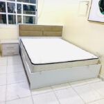 Modern White & Tan Upholstered Queen Size Bed with Mattress & 1 Side Table | Used Bed & Pre-Owned Bedroom Furniture