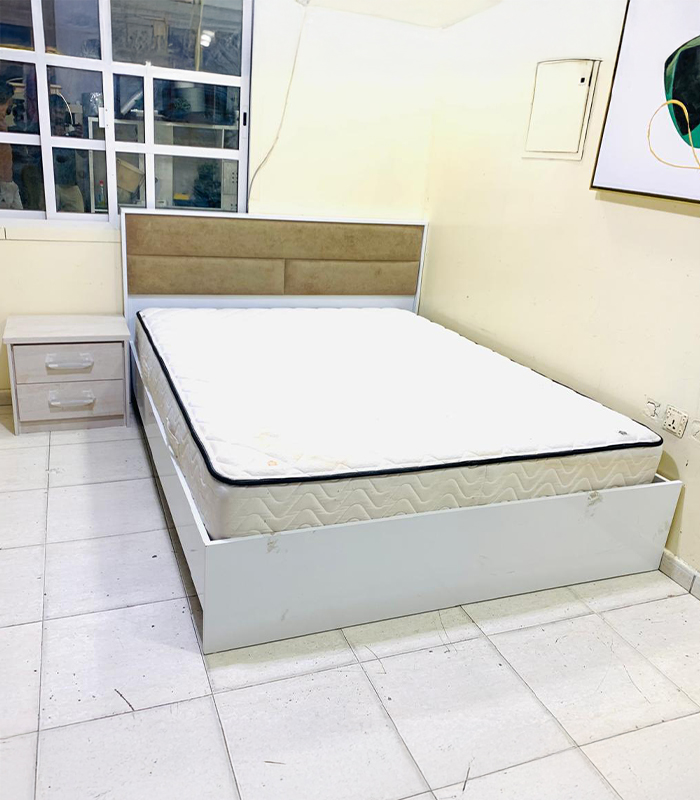 38 Modern White & Tan Upholstered Queen Size Bed with Mattress & 1 Side Table | Used Bed & Pre-Owned Bedroom Furniture - Image 1