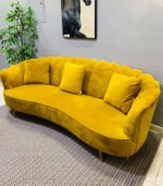 Pre-Owned Mustard Yellow Velvet 4-Seater Sofa — Used Scalloped Back Living Room Couch - Image 2