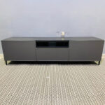 Modern Low-Profile Grey & Black IKEA TV Stand & Media Console with Cabinets and Open Shelving | Used TV Table & Pre-Owned Furniture