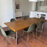Modern 6-Seater Wooden Dining Table Set with Green Velvet Chairs (Gold Legs) | Used Dining Set & Pre-Owned Furniture