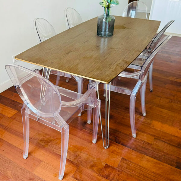 Modern 6-Seater Wooden Dining Table Set with Clear Acrylic Chairs (Hairpin Legs) - view 2