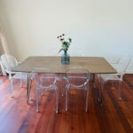 Modern 6-Seater Wooden Dining Table Set with Clear Acrylic Chairs (Hairpin Legs) | Used Dining Set & Pre-Owned Furniture