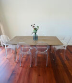 Modern 6-Seater Wooden Dining Table Set with Clear Acrylic Chairs (Hairpin Legs) | Used Dining Set & Pre-Owned Furniture