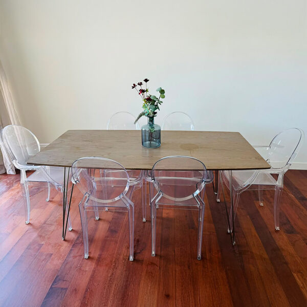 Modern 6-Seater Wooden Dining Table Set with Clear Acrylic Chairs (Hairpin Legs) - used furniture UAE