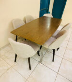 Modern 6-Seater Wooden Dining Table Set with Beige Upholstered Chairs | Used Dining Set & Pre-Owned Furniture