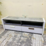 Modern Low-Profile Concrete-Look & White Home Box TV Stand & Media Console with Open Shelves and Drawers | Used TV Table & Pre-Owned Furniture