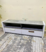 Modern Low-Profile Concrete-Look & White Home Box TV Stand & Media Console with Open Shelves and Drawers | Used TV Table & Pre-Owned Furniture