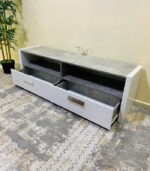 Modern Low-Profile Concrete-Look & White Home Box TV Stand & Media Console with Open Shelves and Drawers | Used TV Table & Pre-Owned Furniture - Image 2