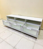 Modern White IKEA TV Stand & Media Console with Frosted Glass Drawers and Open Shelving | Used TV Table & Pre-Owned Furniture - Image 3