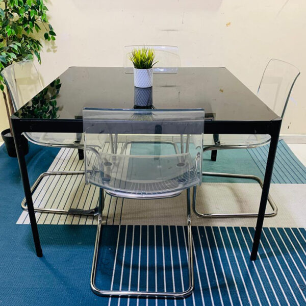 Modern 4-Seater Square Dining Table Set with Clear Acrylic Chairs (Black & Chrome) - view 2