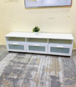 Modern White IKEA TV Stand & Media Console with Frosted Glass Drawers and Open Shelving | Used TV Table & Pre-Owned Furniture - Image 2