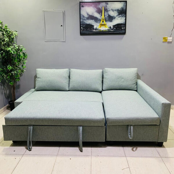 Pre-Owned Light Green L-Shape Sofa Bed with Storage & New Upholstery - view 2
